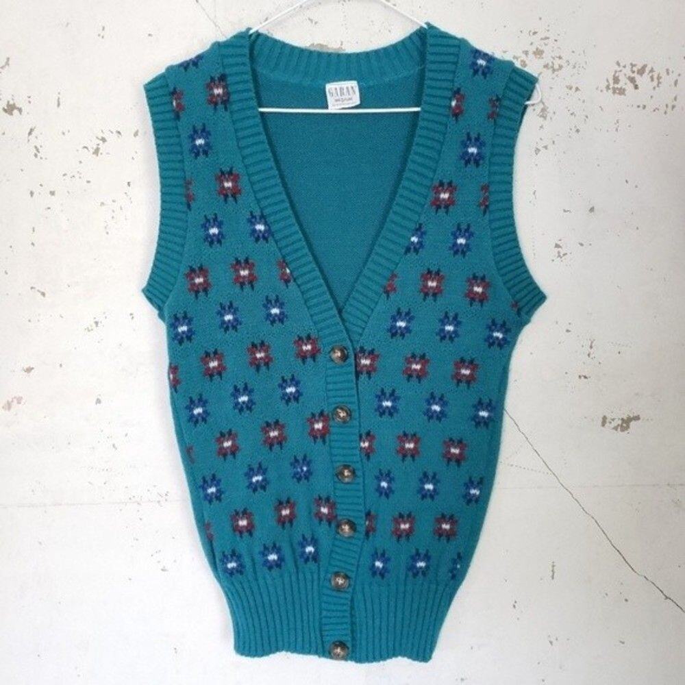 GARAN Women's VINTAGE Academia Librarian Button Teal Print Sweater Vest Medium